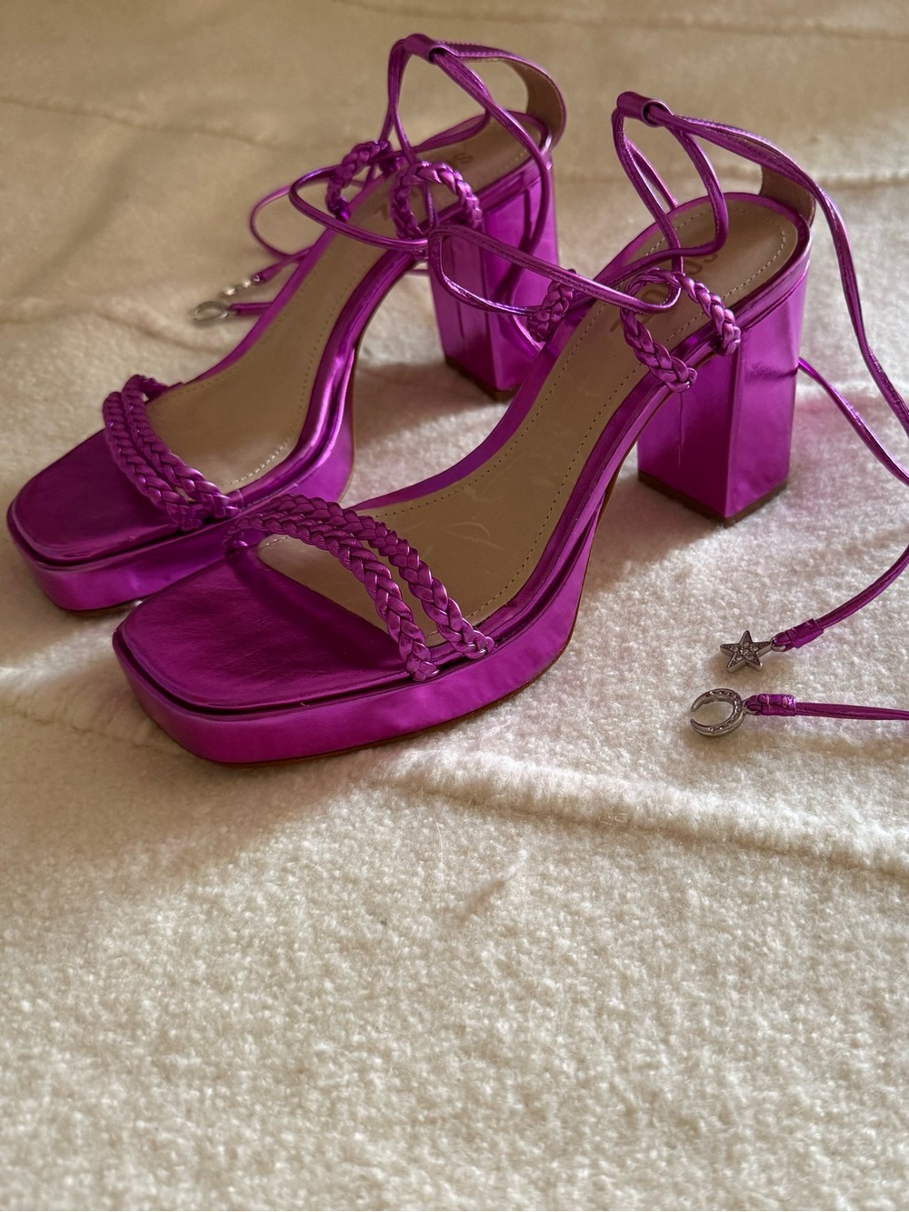 Schutz | metallic purple lunah platform sandals with braided and charm straps